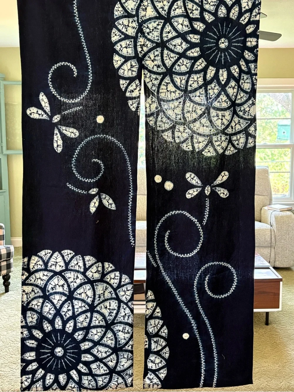 Vtg Japanese indigo shibori Noreen Curtain dragonfly chrysanthemum 59 x 35